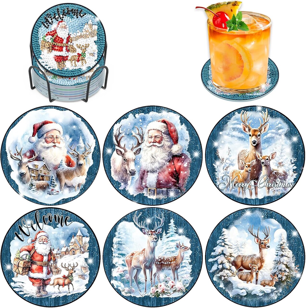 8PCS Christmas Diamond Art Coasters Kit with Holder – Santa Claus 5D Gem Art Kits for Adults & Beginners, DIY Arts and Crafts Christmas Table Decor Gift